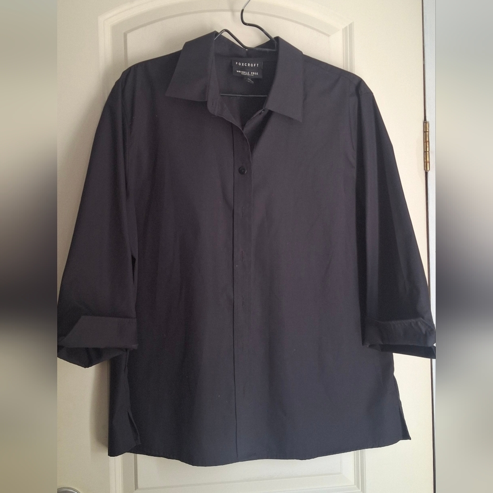 Foxcroft Wrinkle Free Black Shaped Fit Button-Up Shirt Sz 16 Formal Party Church